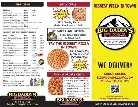 Big daddy's pizza near me - Business Hours. Sun - Thu: 11:00 AM - 2:45 AM. Fri & Sat: 11:00 AM - 4:45 AM. Online ordering menu for Big Daddy's Pizza - Denver. Welcome to Big Daddy's Pizza in Denver where we serve Alfredo Chicken Pizza, Chile Verde Pizza, Garlic Bread, and more! We're located near Sloan Lake and Paco Sanchez Park. Order online for carryout or delivery!
